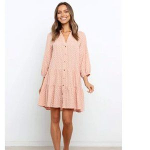 Petal + Pup Badon Apricot Polka Dot Tiered Ruffle Button Up Dress, Size S/M